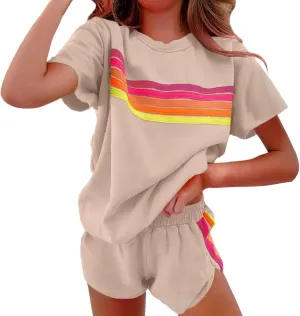 Womens 2 Piece Short Sets Casual Rainbow Striped Crewneck Short Sleeve Tops Elastic Shorts Outfits Lounge Tracksuits