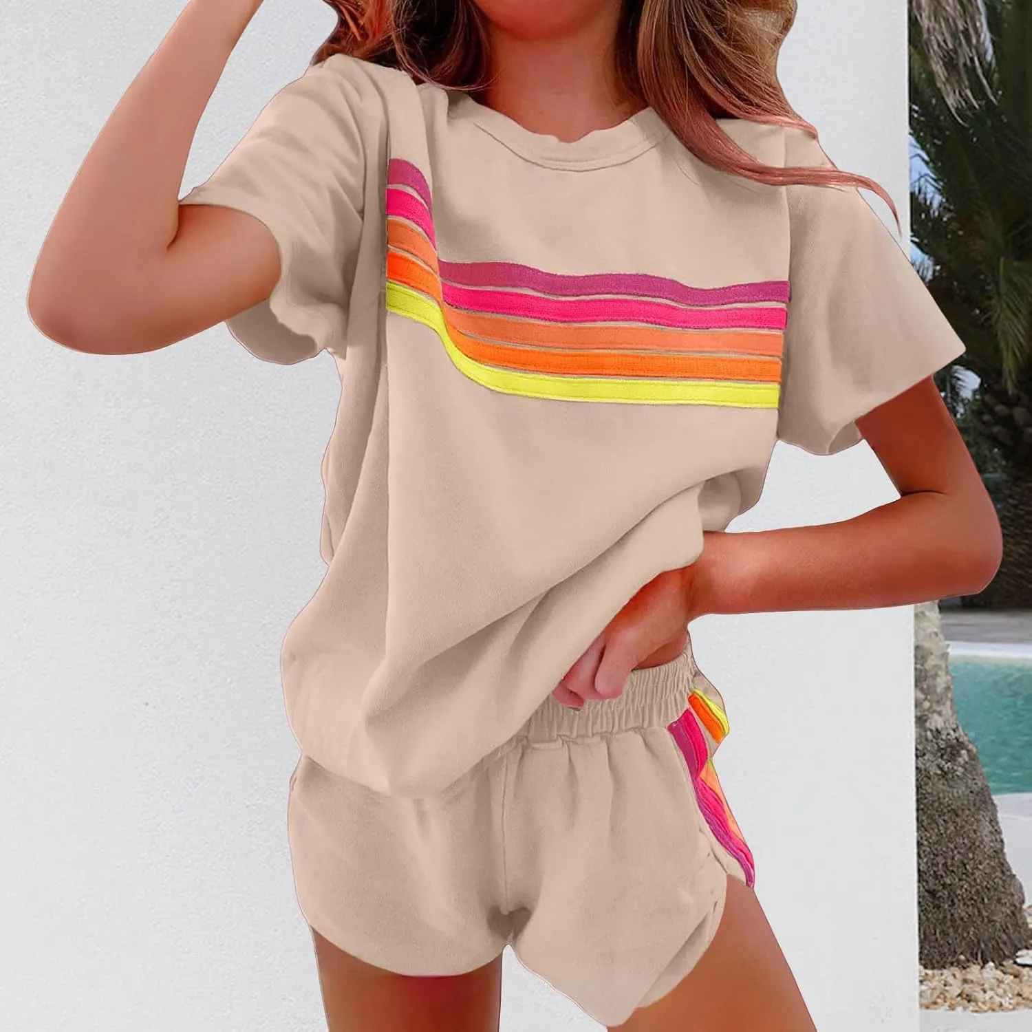 Womens 2 Piece Short Sets Casual Rainbow Striped Crewneck Short Sleeve Tops Elastic Shorts Outfits Lounge Tracksuits