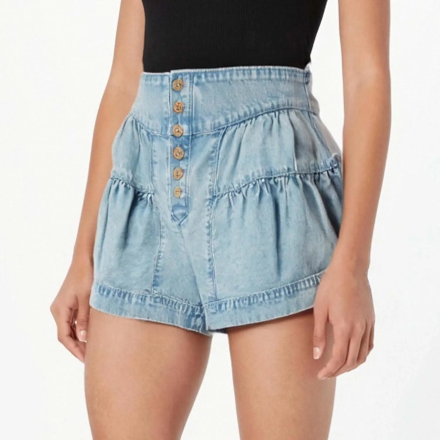 Women's 2025 Denim Shorts Casual Summer High Waisted Wide Leg Buttons Pleated Ruffle Jean Shorts Flowy Blue Skort