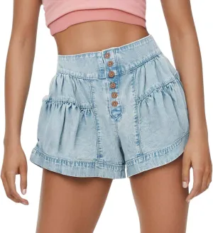 Women's 2025 Denim Shorts Casual Summer High Waisted Wide Leg Buttons Pleated Ruffle Jean Shorts Flowy Blue Skort
