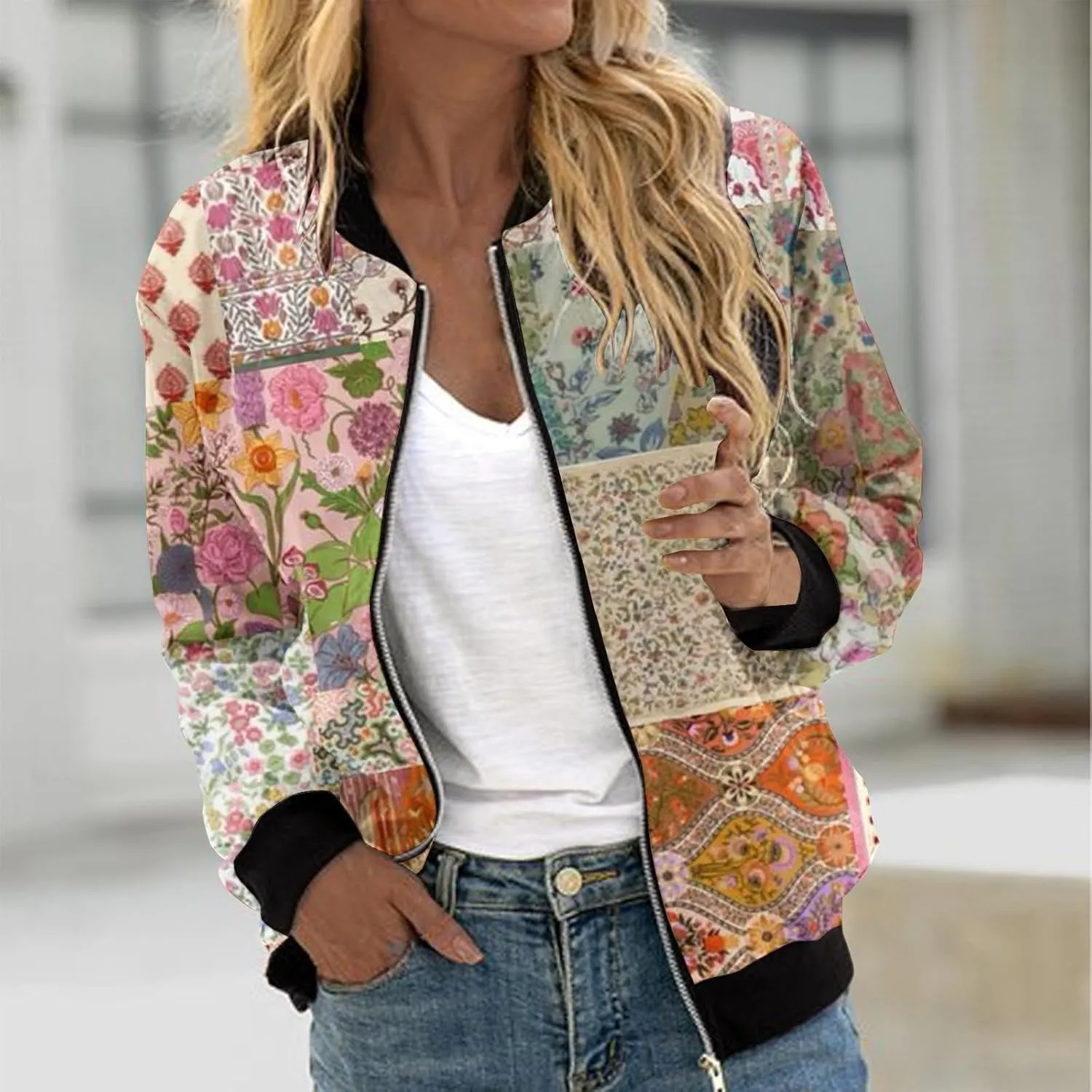 Women's Bomber Jacket 2024 Square Thin Pocket Jacket Blouse Coat Baseball Women's Casual Floral Zip Up Bomber Jacket