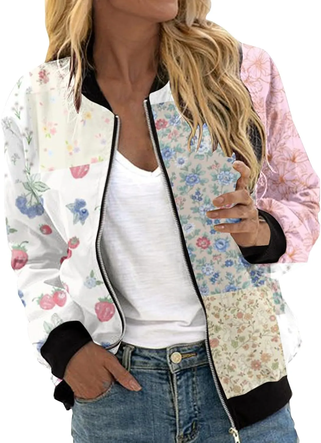 Women's Bomber Jacket 2024 Square Thin Pocket Jacket Blouse Coat Baseball Women's Casual Floral Zip Up Bomber Jacket