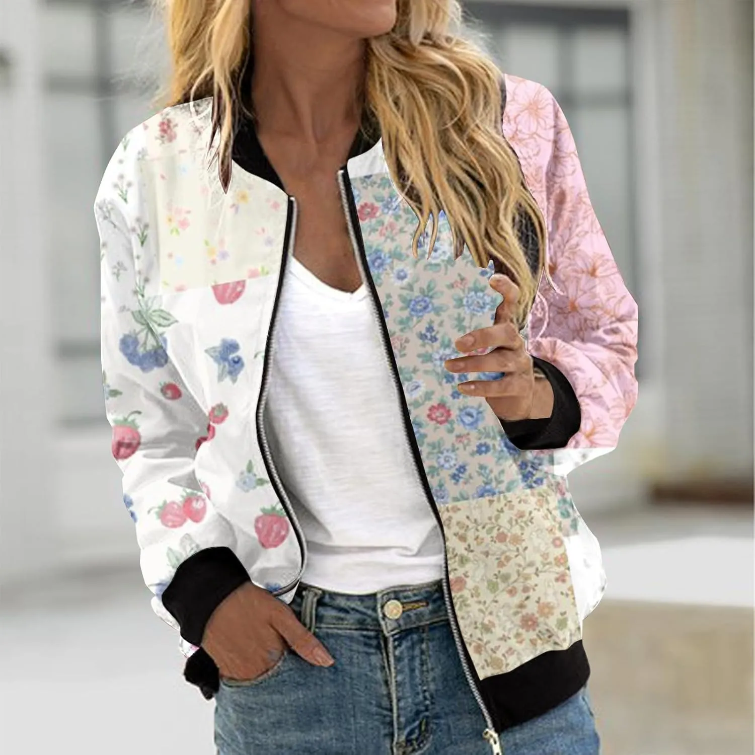 Women's Bomber Jacket 2024 Square Thin Pocket Jacket Blouse Coat Baseball Women's Casual Floral Zip Up Bomber Jacket