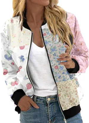 Women's Bomber Jacket 2024 Square Thin Pocket Jacket Blouse Coat Baseball Women's Casual Floral Zip Up Bomber Jacket