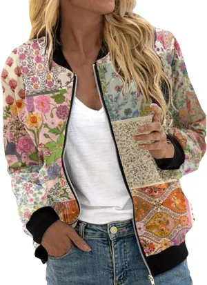 Women's Bomber Jacket 2024 Square Thin Pocket Jacket Blouse Coat Baseball Women's Casual Floral Zip Up Bomber Jacket