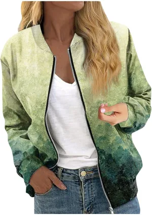 Womens Bomber Jacket Vintage Printed Full Zip Up Coat Long Sleeve Outwear Lightweight Windbreaker Jackets Fall Jacket