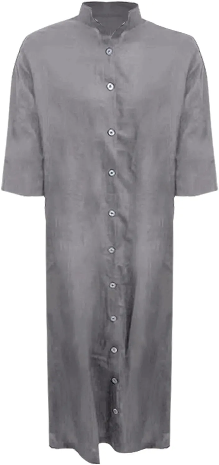 Womens Button Down Rolled-Up Sleeve Long Cotton Linen Blouse Maxi Dress Loose Casual Shirt Swimsuit Cover Up Dresses