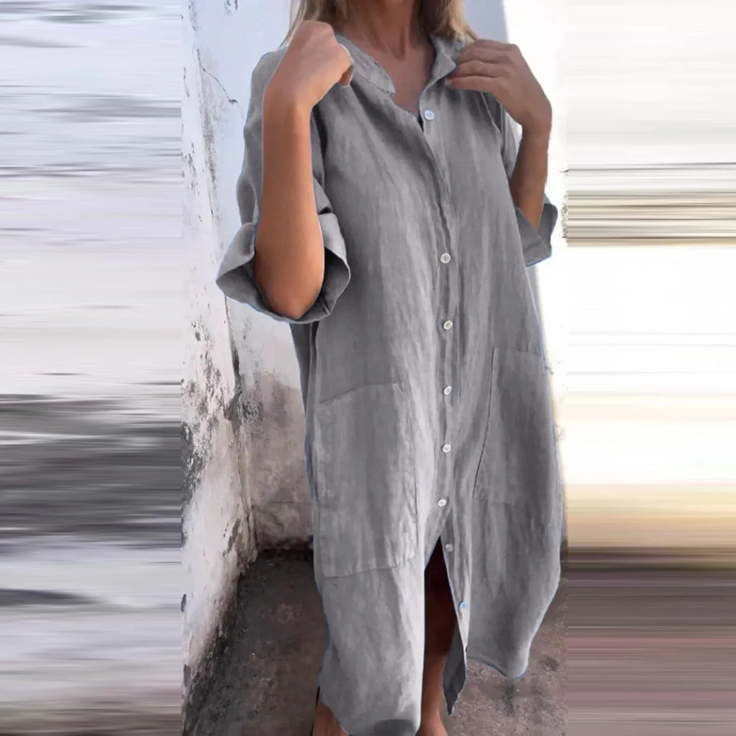 Womens Button Down Rolled-Up Sleeve Long Cotton Linen Blouse Maxi Dress Loose Casual Shirt Swimsuit Cover Up Dresses