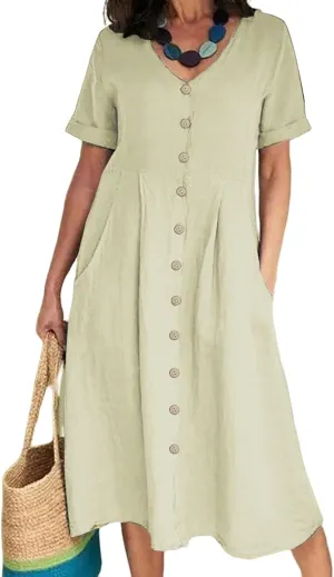 Women's Button Down T-Shirt Dress Casual High Low V Neck Loose Linen Summer Short Sleeve Midi Dresses with Pockets