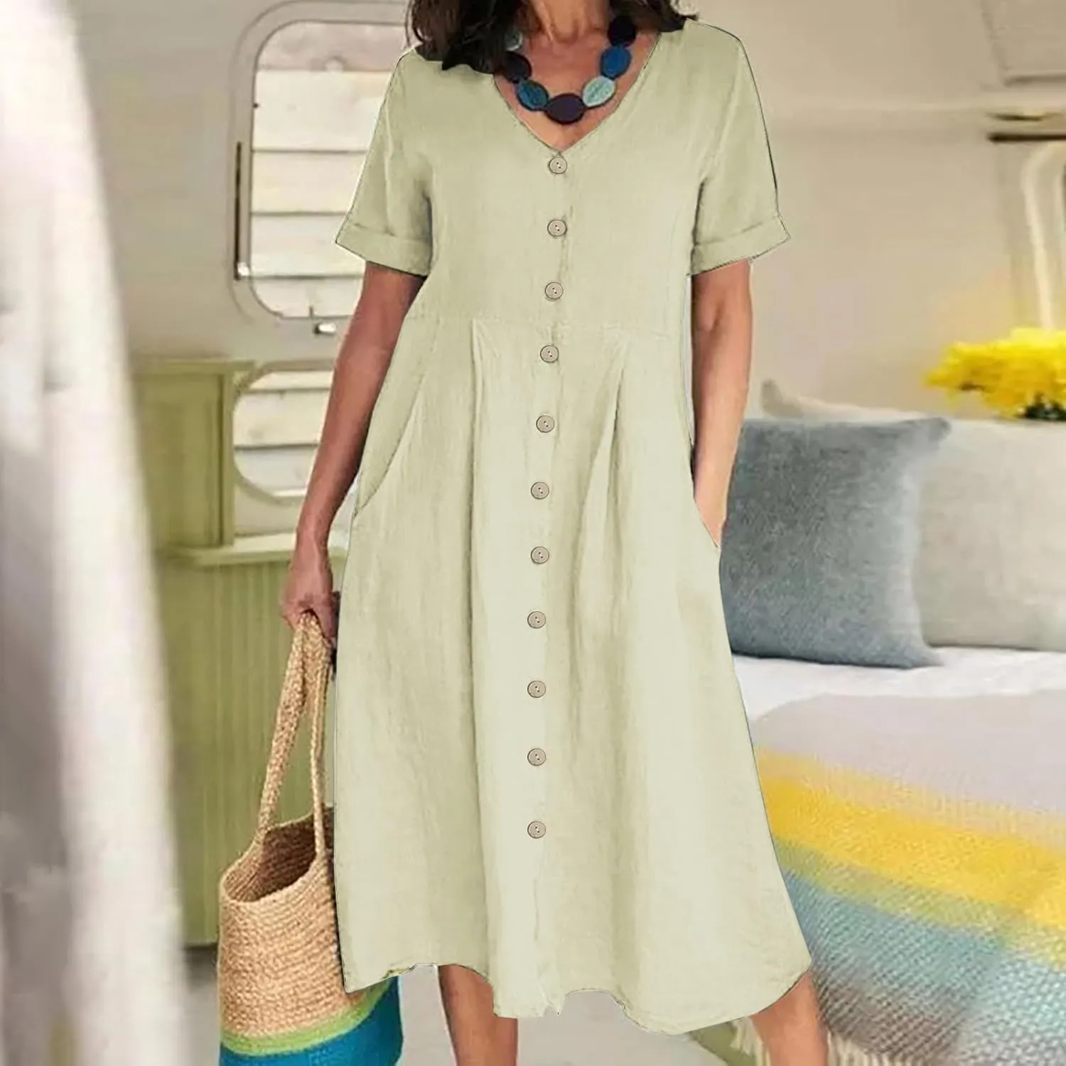 Women's Button Down T-Shirt Dress Casual High Low V Neck Loose Linen Summer Short Sleeve Midi Dresses with Pockets