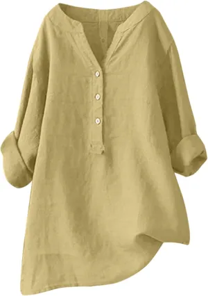 Womens Button Shirt Linen Roll Up Cuffed Sleeve V Neck Beach Shirt Casual Loose Solid Color Blouse Tunics Top