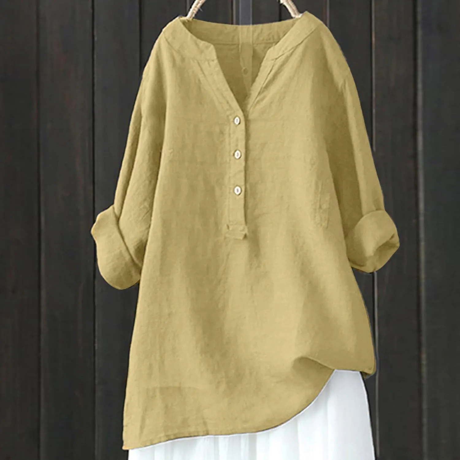 Womens Button Shirt Linen Roll Up Cuffed Sleeve V Neck Beach Shirt Casual Loose Solid Color Blouse Tunics Top