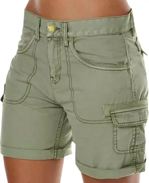 Women's Cargo Shorts Summer High Waisted Cuffed Front Seam Military Shorts Dressy Casual Hiking Short with Pockets