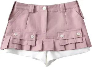 Womens Cargo Skirt Low Waist Y2K Short Denim Jean Mini Pleated Skirt Fashion Summer Hot Button Cargo Skirt with Pocket