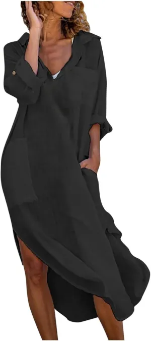 Womens Casual Dress Cotton Linen Long Dress Lapel Button Cuffed Roll Sleeve Side Split Cover Ups Dresses with Pockets