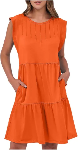 Women's Casual Dresses Ruffle Flowy Exotic Boho Cap Sleeve Dress with Pockets Loose Shift Loose Swing Midi Dresses