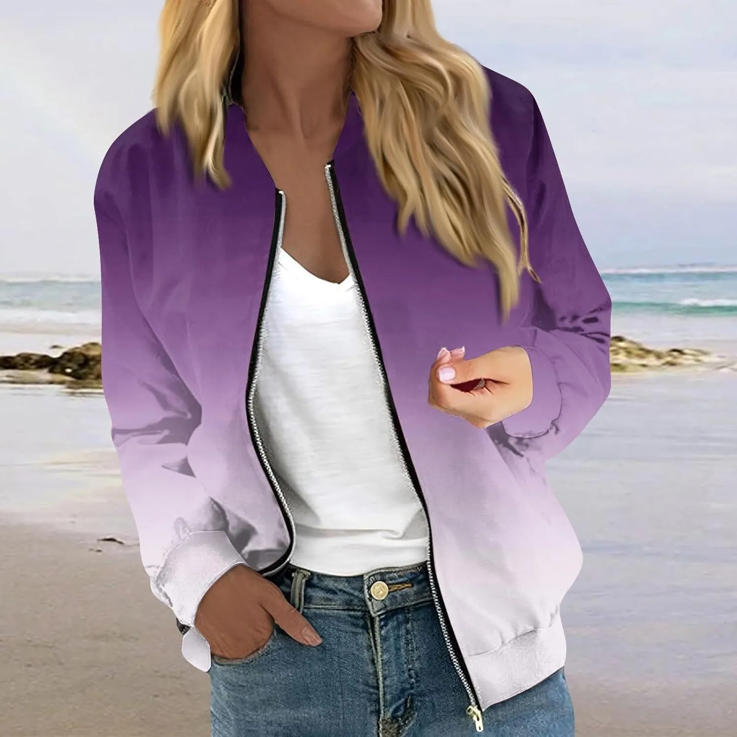 Women's Casual Floral Zip Up Bomber Jacket Long Sleeve Coat Stand Collar Lightweight Short Outwear Tops