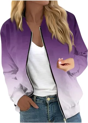 Women's Casual Floral Zip Up Bomber Jacket Long Sleeve Coat Stand Collar Lightweight Short Outwear Tops