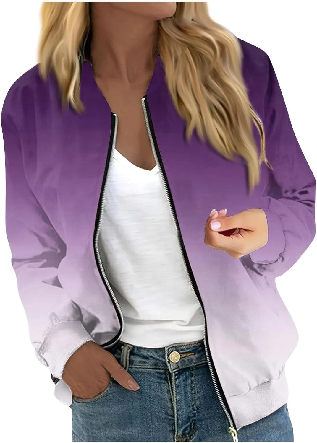 Women's Casual Floral Zip Up Bomber Jacket Long Sleeve Coat Stand Collar Lightweight Short Outwear Tops