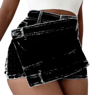 Women's Casual High Waisted Button Front Jean Shorts Denim Wrap Skort Skirt with Pocket Ruffle Trim Denim Skort