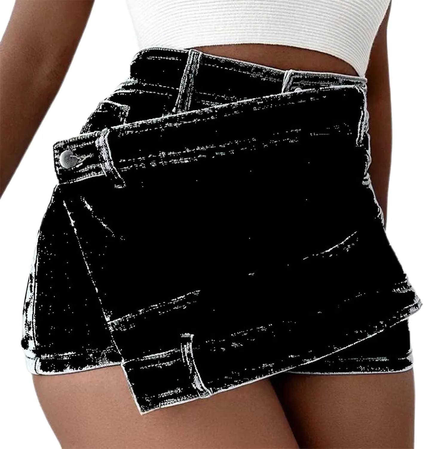 Women's Casual High Waisted Button Front Jean Shorts Denim Wrap Skort Skirt with Pocket Ruffle Trim Denim Skort