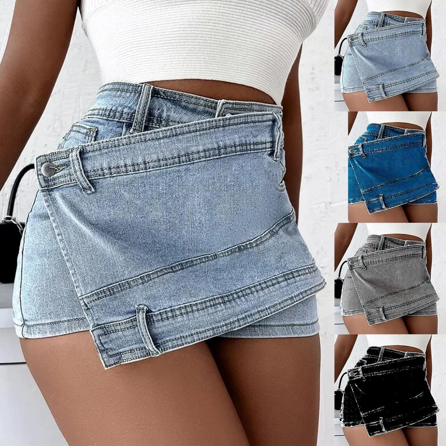 Women's Casual High Waisted Button Front Jean Shorts Denim Wrap Skort Skirt with Pocket Ruffle Trim Denim Skort