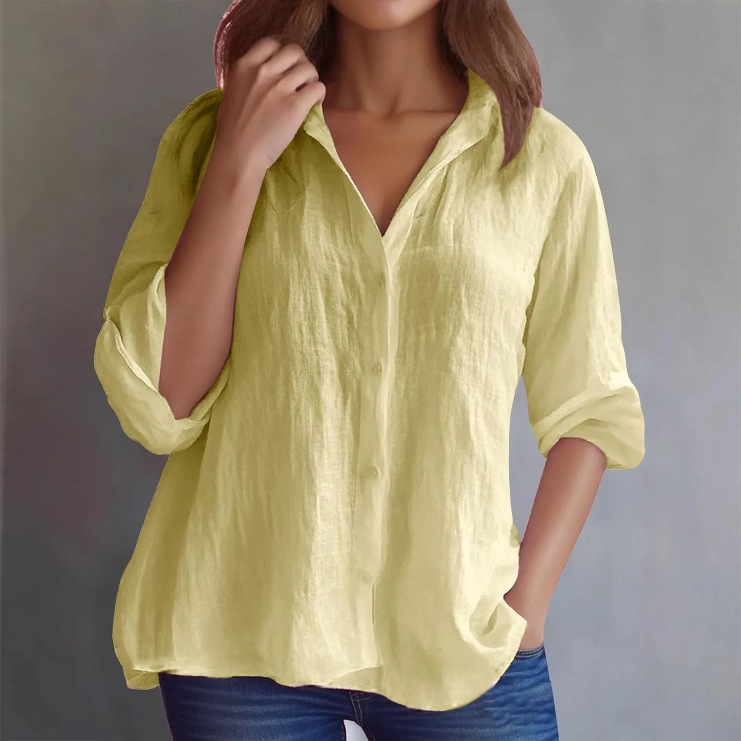 Women's Casual Shirt 2025 Summer Linen Button Down Shirt Rolled Cuffed Short Sleeve Blouse Casual Beach Cotton Tops