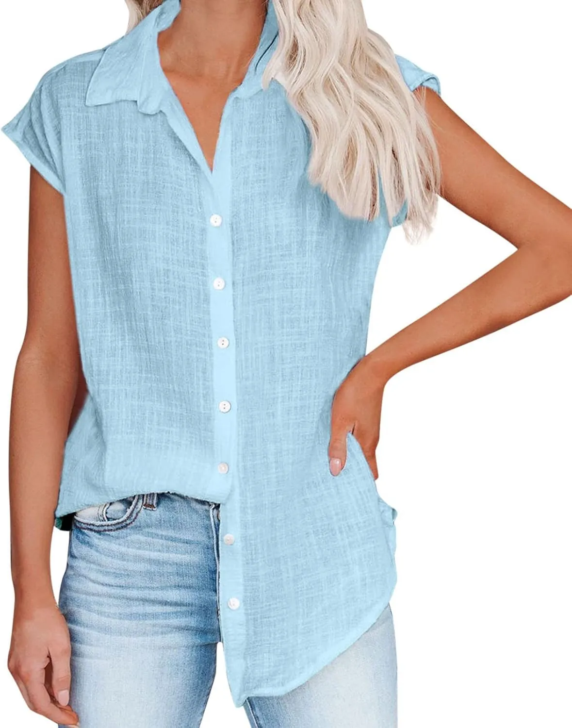 Women's Casual Shirt 2025 Summer Rolled Cuffed Short Sleeve Blouse Ladies Casual V Neck Shirts Beach Cotton Tops