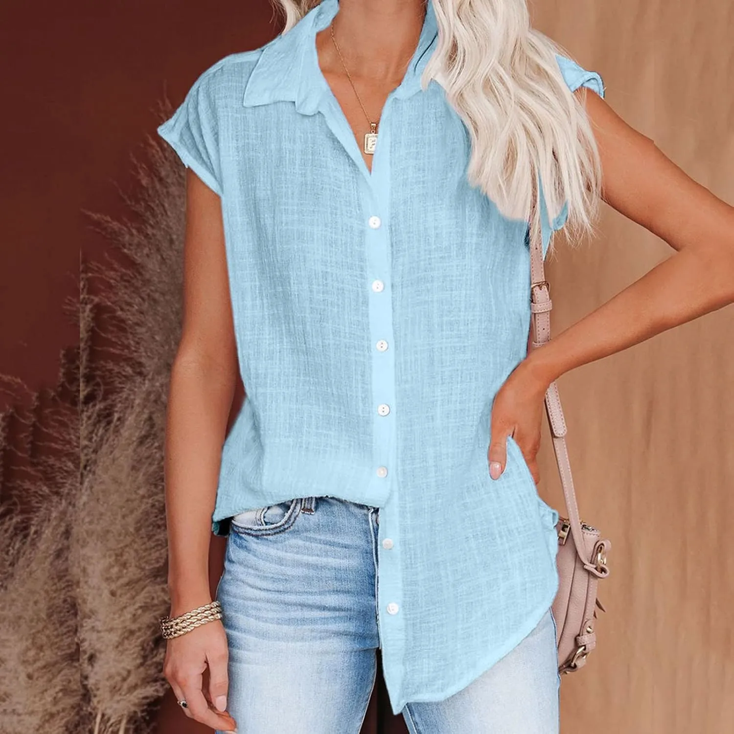 Women's Casual Shirt 2025 Summer Rolled Cuffed Short Sleeve Blouse Ladies Casual V Neck Shirts Beach Cotton Tops