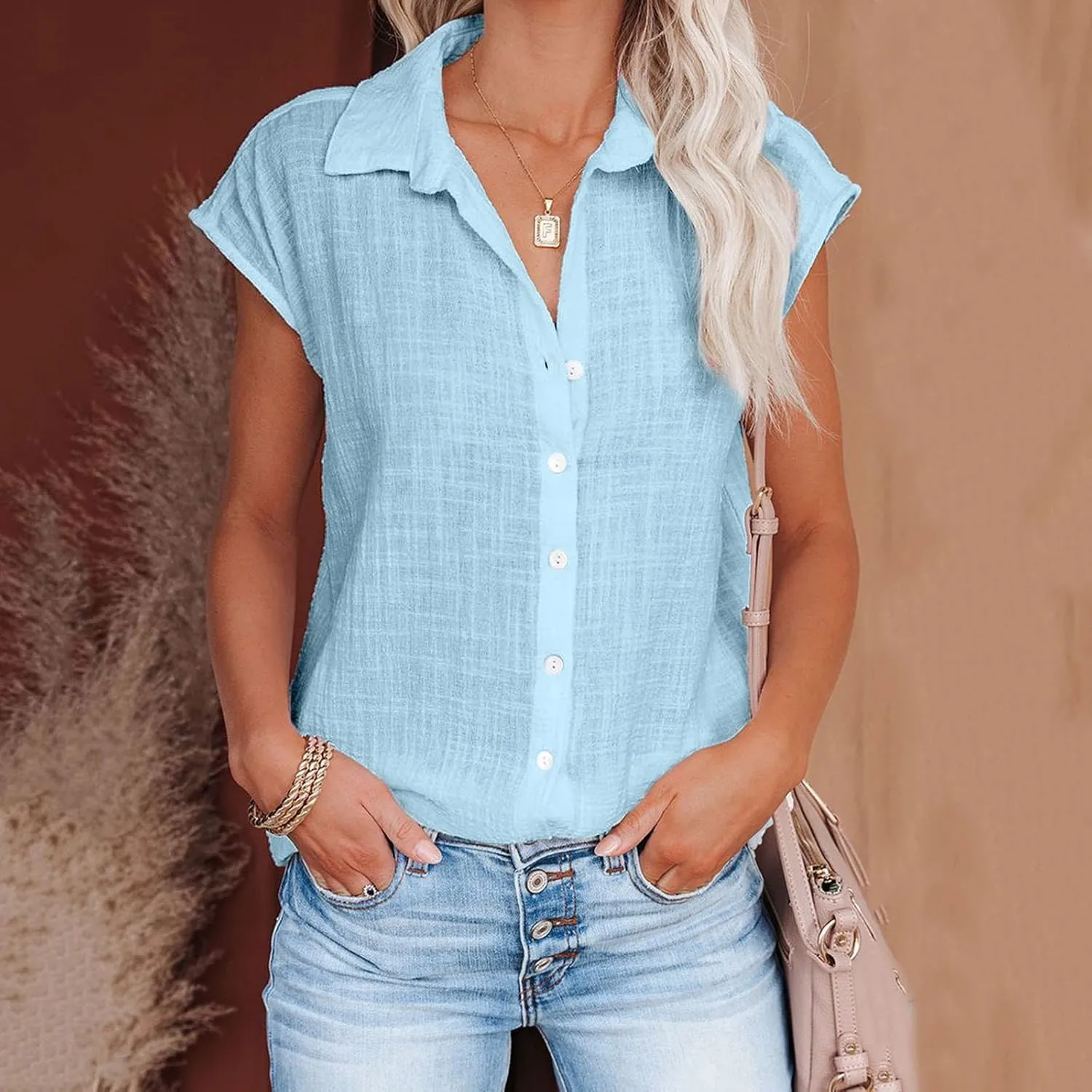 Women's Casual Shirt 2025 Summer Rolled Cuffed Short Sleeve Blouse Ladies Casual V Neck Shirts Beach Cotton Tops