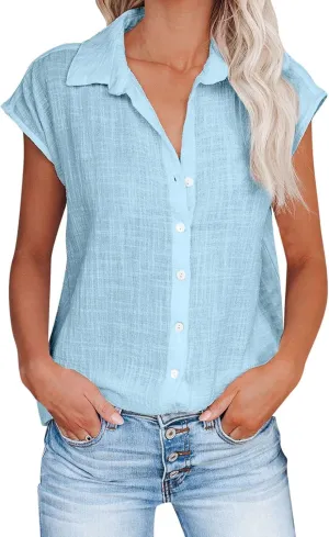 Women's Casual Shirt 2025 Summer Rolled Cuffed Short Sleeve Blouse Ladies Casual V Neck Shirts Beach Cotton Tops
