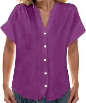 Womens Casual Shirts 2025 Summer Linen Button Down Shirt Rolled Cuffed Short Sleeve Blouse Casual Beach Cotton Tops