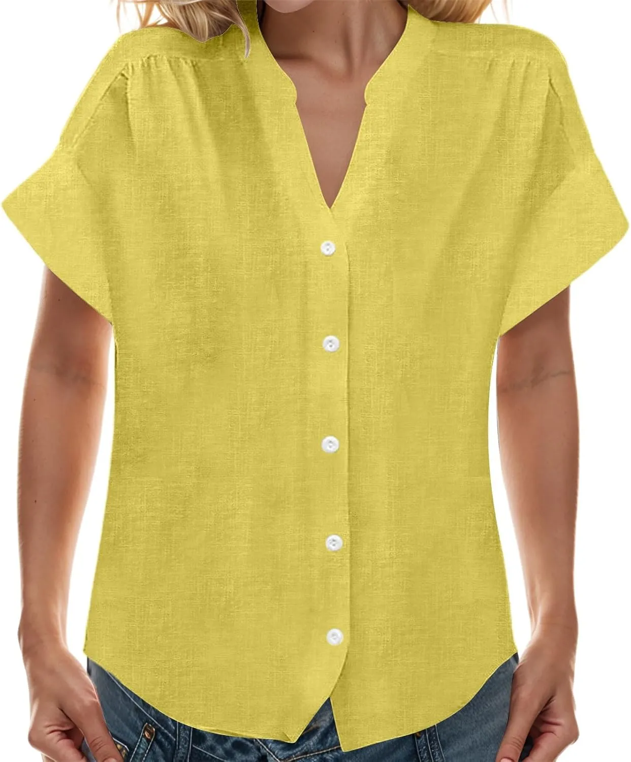 Womens Casual Shirts 2025 Summer Linen Button Down Shirt Rolled Cuffed Short Sleeve Blouse Casual Beach Cotton Tops
