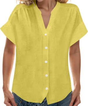 Womens Casual Shirts 2025 Summer Linen Button Down Shirt Rolled Cuffed Short Sleeve Blouse Casual Beach Cotton Tops