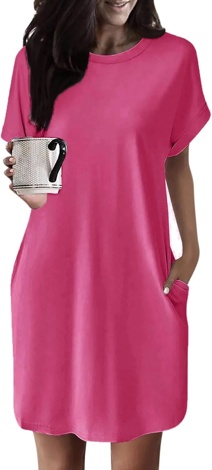 Womens Casual Summer T Shirt Dress Short Sleeve Crewneck Loose Mini Sundress Solid Nightgown Dress with Pocket