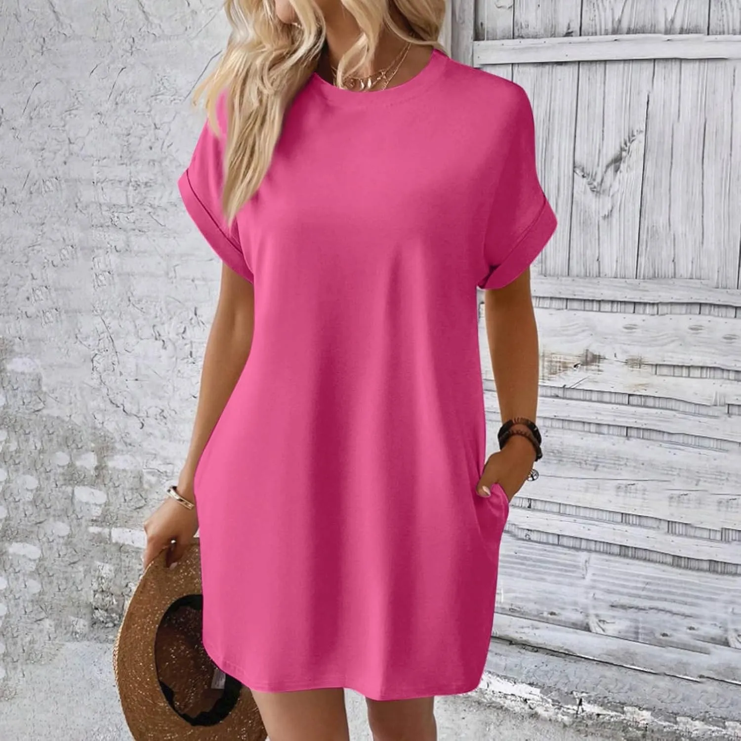 Womens Casual Summer T Shirt Dress Short Sleeve Crewneck Loose Mini Sundress Solid Nightgown Dress with Pocket