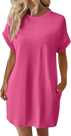 Womens Casual Summer T Shirt Dress Short Sleeve Crewneck Loose Mini Sundress Solid Nightgown Dress with Pocket