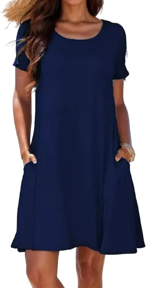 Womens Casual T Shirt Dress Summer Short Sleeve Swing Sundresses Swimsuit Coverup with Pockets