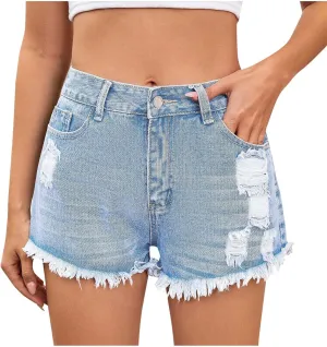 Women's Classic Ripped Jean Shorts with Raw Hem, Fashion Mid Waist Baggy Casual Denim Shorts with Pockets