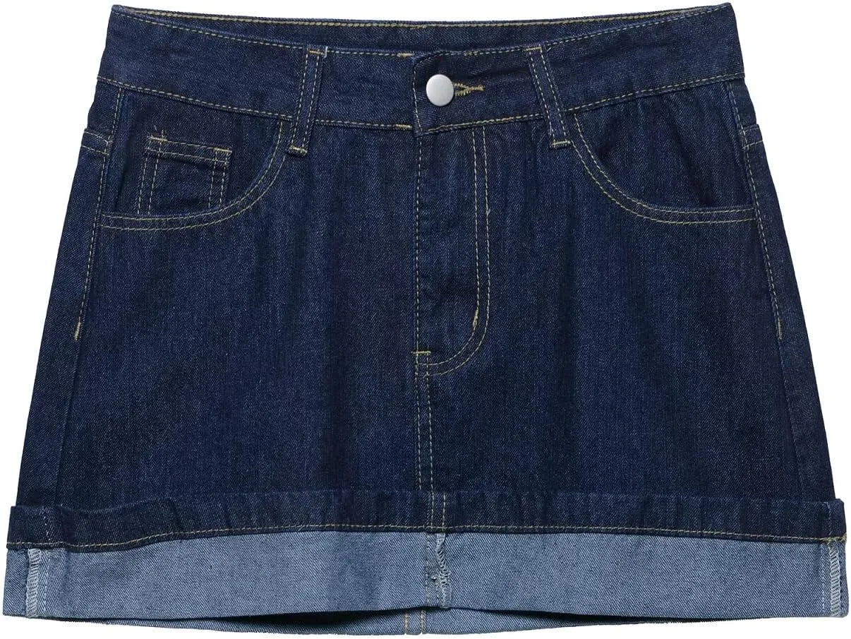 Women's Classic Vintage Short Denim Skirt, Cuffed Hem with Utility Pockets
