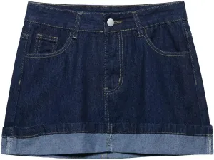 Women's Classic Vintage Short Denim Skirt, Cuffed Hem with Utility Pockets