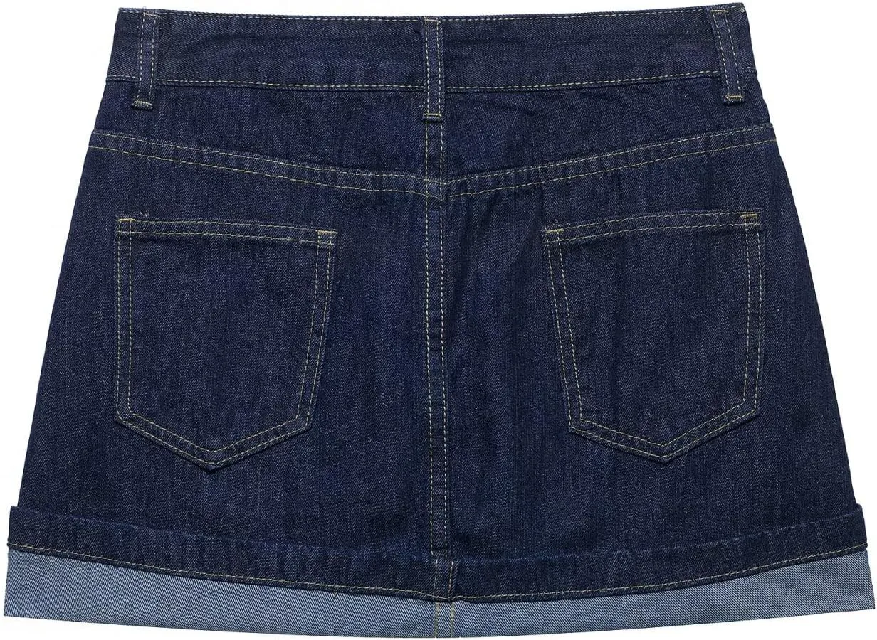 Women's Classic Vintage Short Denim Skirt, Cuffed Hem with Utility Pockets