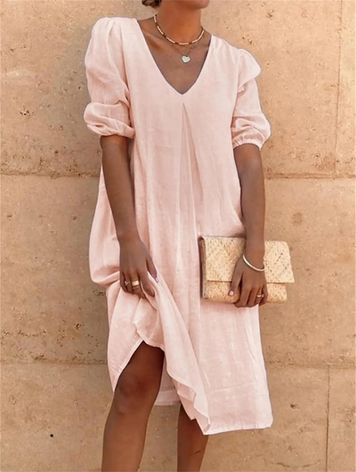 Womens Cotton Linen Dress Summer Midi Dresses V Neck Bubble Sleeve Casual Loose Dress Beach Dresses