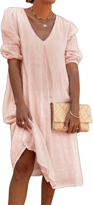 Womens Cotton Linen Dress Summer Midi Dresses V Neck Bubble Sleeve Casual Loose Dress Beach Dresses
