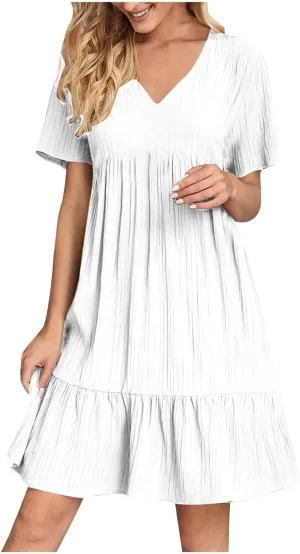 Women's Cotton Linen Short Sleeve Casual V Neck Mini Dress A Line Loose Pleated Flowy Dresses Beach Vacation Outfits