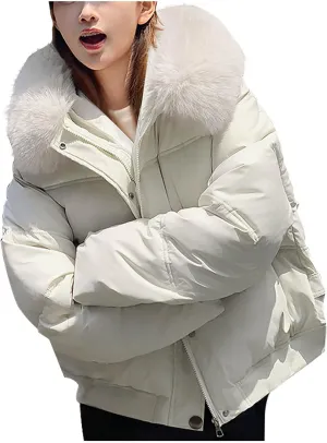 Womens Cropped Puffer Jacket Zip Up Down Jackets With Faux Fur Hood 2024 Winter Warm Coat Short Quilted Waterproof Coat