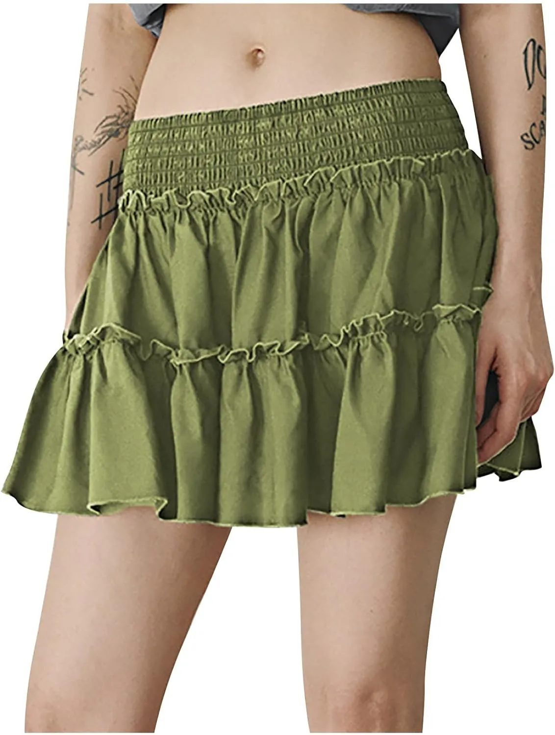 Women's Cute High Elastic Waist Tiered Ruffle Mini Skirt Ladies Summer Tennis Swim Flowy Beach Skirts Built-in Shorts