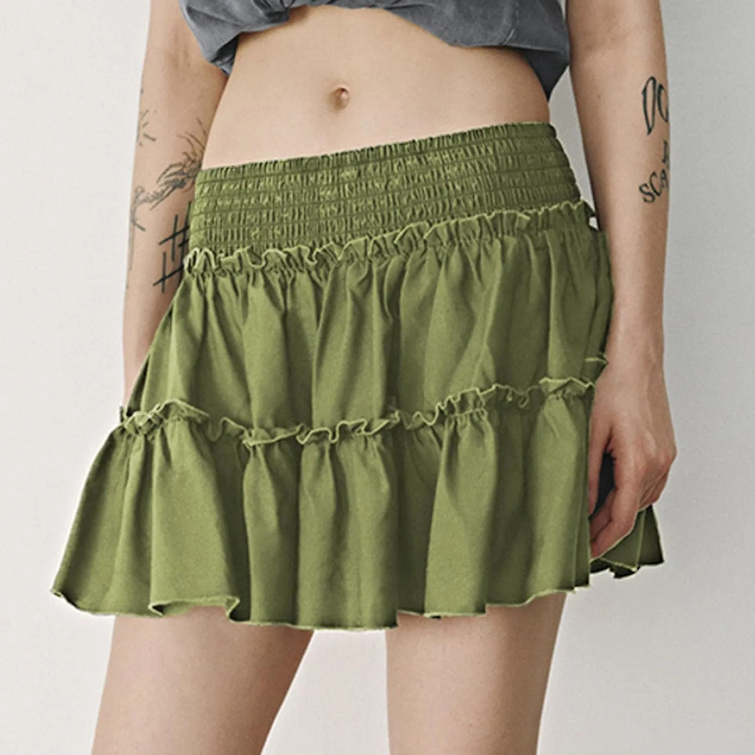 Women's Cute High Elastic Waist Tiered Ruffle Mini Skirt Ladies Summer Tennis Swim Flowy Beach Skirts Built-in Shorts