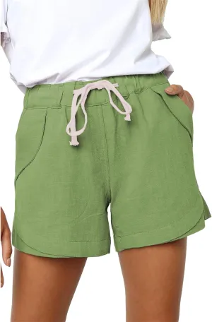 Women's Drawstring Elastic Waist Shorts Summer Wide Leg Beach Cotton Linen Shorts with Pockets