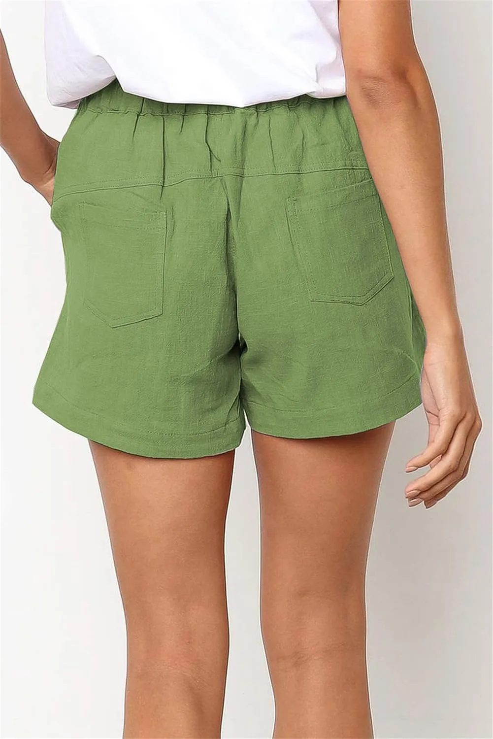 Women's Drawstring Elastic Waist Shorts Summer Wide Leg Beach Cotton Linen Shorts with Pockets